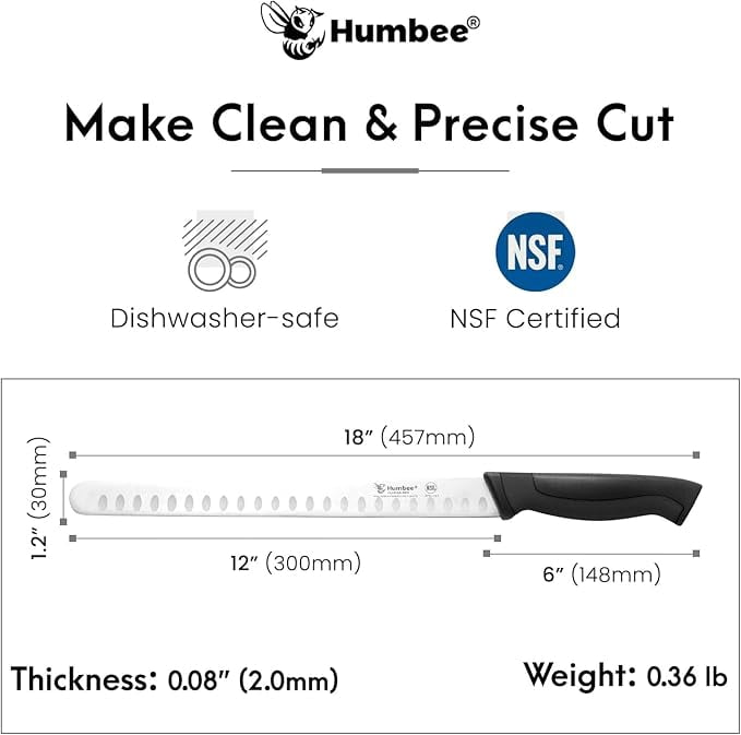 Humbee Chef Carving Knife 12-Inch with Granton Edge for Turkey Ham Meat Slicing and cutting NSF Certified DT-21 Series, Black