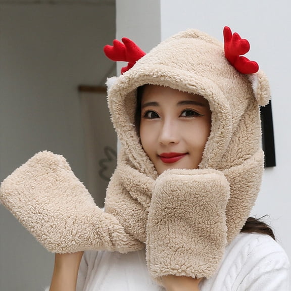 Women Cute Thick Warm Plush Hat Scarf Gloves Set with Ear Classic Winter Knit Set Beanie Scarf Gloves for Adult Suitable for Outdoor Work Leisure Scarf a Hat Gloves
