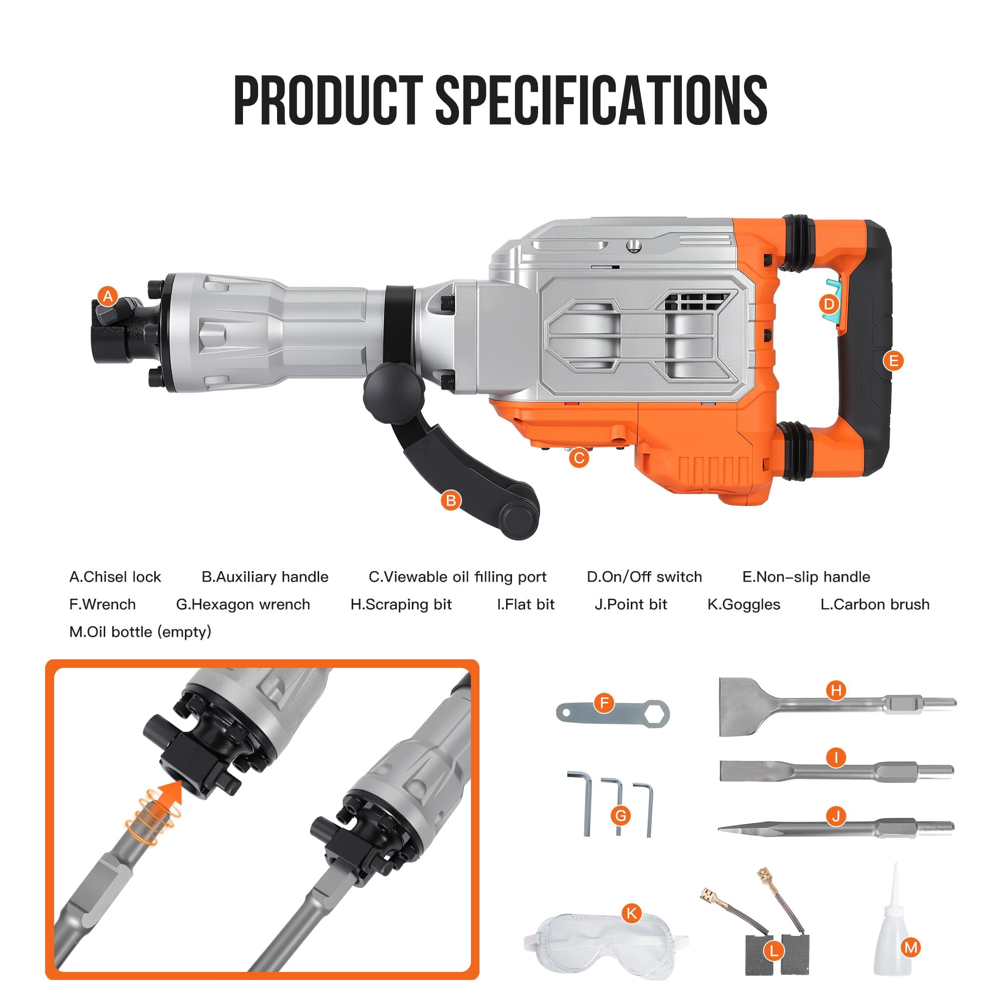 Electric Demolition Jackhammer 1700W, 60J Impact Energy Concrete Breaker 1900 BPM with Anti-Vibration System, Adjustable Handle, Safety Clutch, 3 Chisels & Carrying Case