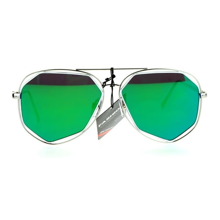 SA106 Mirror Double Octagon Metal Rim Mens Aviator Sunglasses Silver White Green