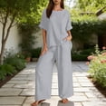 thumbnail image 6 of Jsaierl Cotton Linen Sets for Women 2 Piece Outfits Summer Loose 3/4 Sleeve Oversized Top and Wide Leg Pants Sets Loungewear, 6 of 8