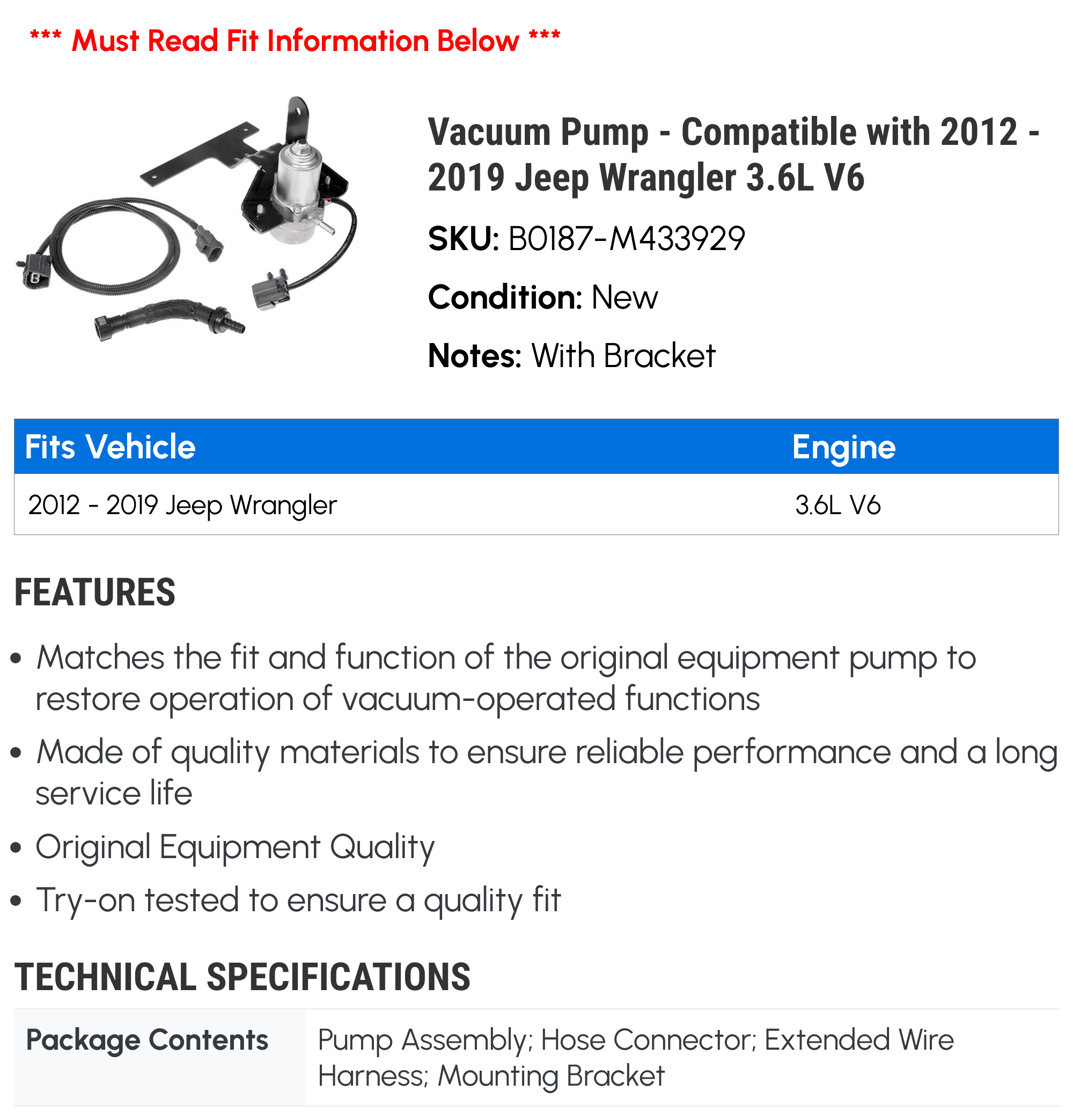 Vacuum Pump - Compatible with 2012 - 2019 Jeep Wrangler 3.6L V6 2013 2014 2015 2016 2017 2018
