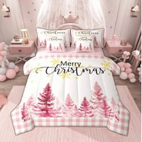 Manfei Girls Merry Christmas Twin Bedding Sets, Dreamy Xmas Tree Bedding Comforter Set, Cute Pink Buffalo Plaid Sheet Sets, Microfiber Bedroom Decor Reversible 7 Pieces