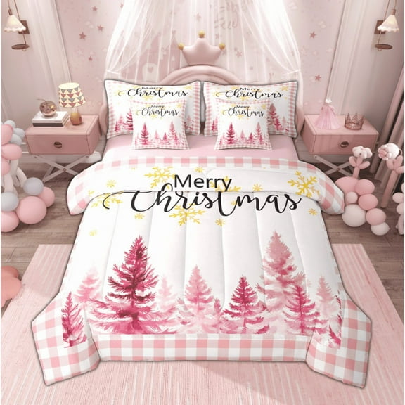 Manfei Girls Merry Christmas Twin Bedding Sets, Dreamy Xmas Tree Bedding Comforter Set, Cute Pink Buffalo Plaid Sheet Sets, Microfiber Bedroom Decor Reversible 7 Pieces