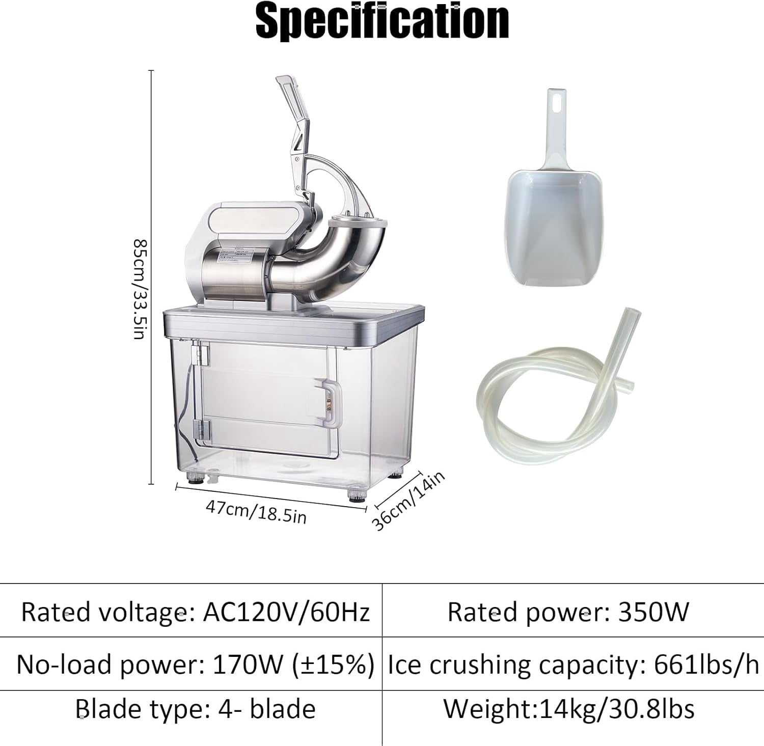 661 LBS/H Commercial Ice Crusher, 350W Electric Snow Cone Machine with 4 Blades, Stainless Steel Shaved Ice Machine with 38 L Ice Storage Box for Restaurants, Bars, Home and Commercial Use