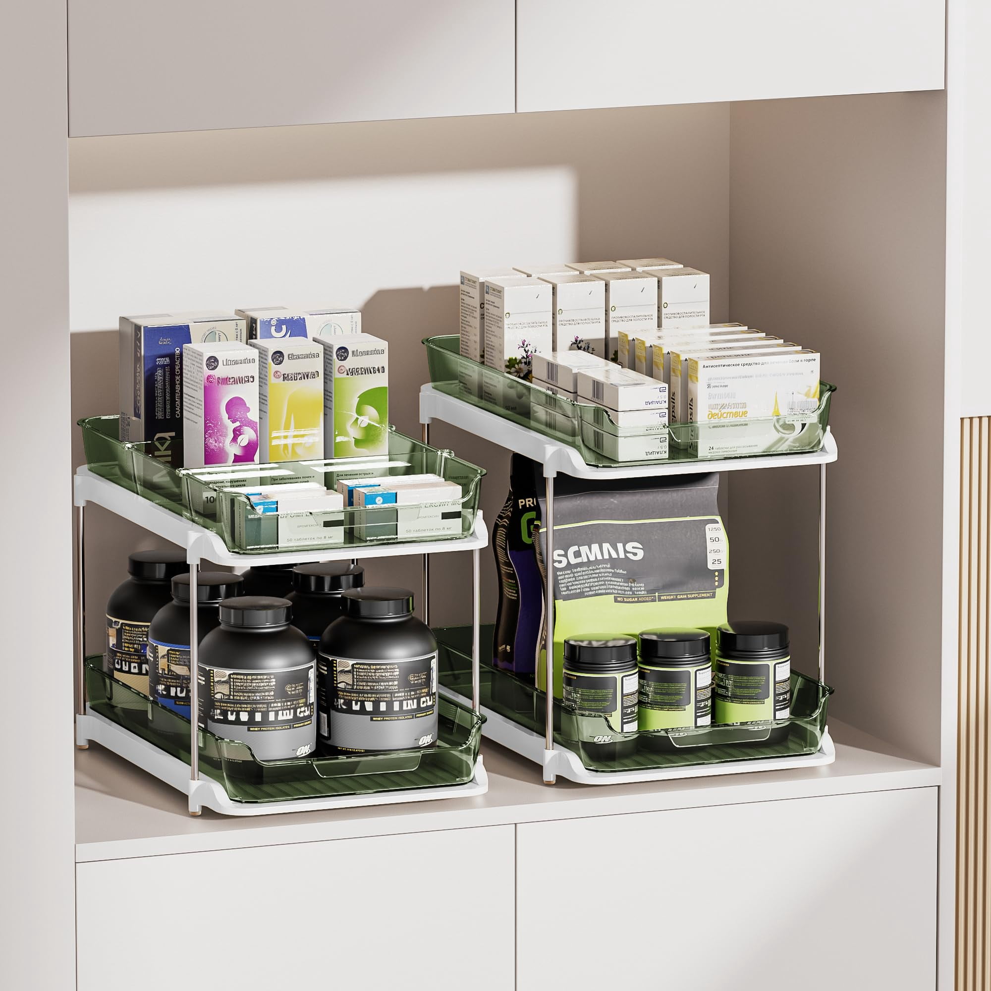 2-tier Multi-purpose Bathroom Under Sink Organizers And Storage  Stackable Kitchen Pantry Organization Pull Out Cabinet Organizer With Movable Dividers Light Green 2 Pack