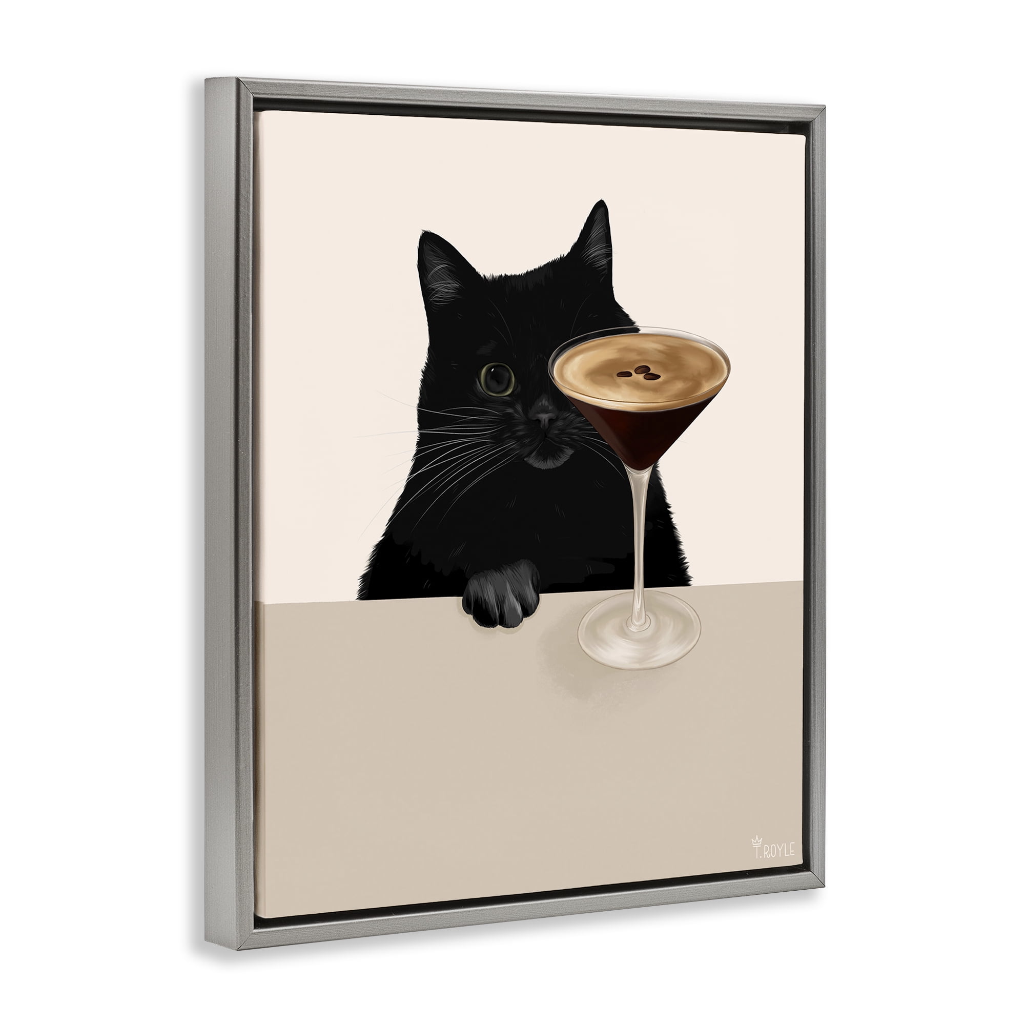 Stupell Industries Cat & Espresso Martini Food & Beverage Painting Gray Floater Framed Art Print Wall Art, 17 x 21