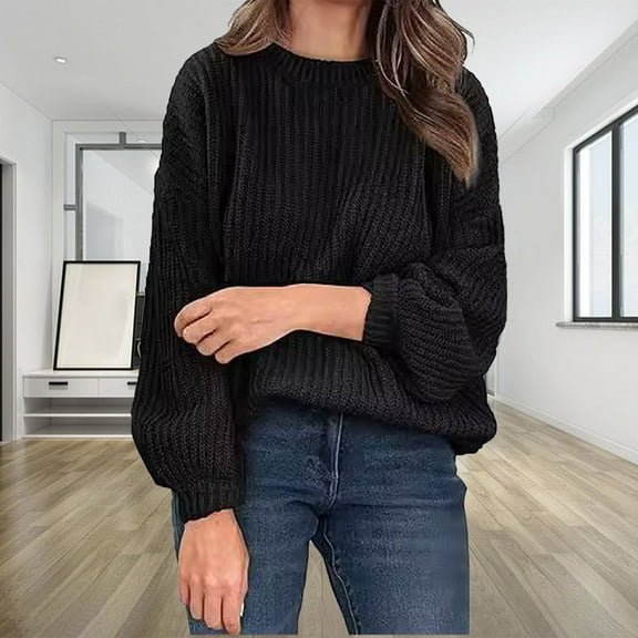 Ftwytp Women's Casual Round Neck Knitted Sweater Long Sleeve Solid Color Soft Loose Ribbed Pullover Sweater Top Pullover Wool Sweaters 2025