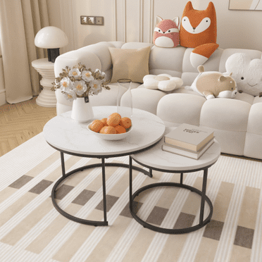 Nesting Coffee Table Set of 2, 27.6inch Round Coffee Table Wood Marble Pattern Top with Sturdy Metal Frame, End Table Side Tables for Living Room Bedroom Balcony Yard, White