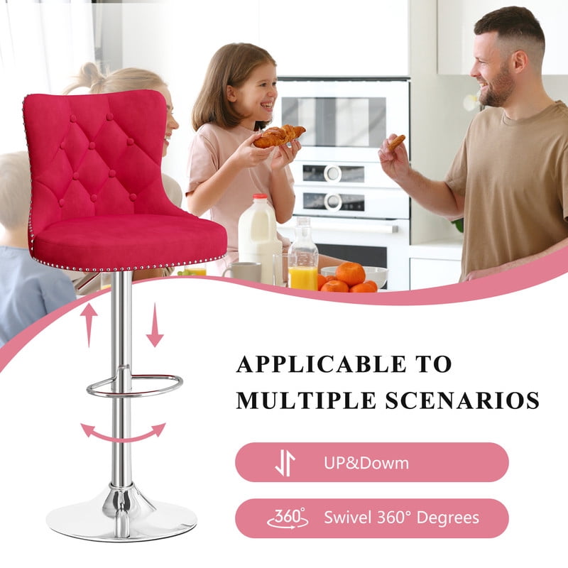 Hawsaiy Swivel Bar Stools Set of 2, Adjustable Velvet Tufted Counter Height Chairs with Nailhead Trim, Upholstered Barstools for Kitchen Island, Red