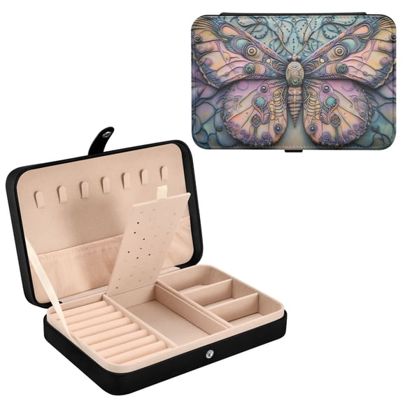 BZSMCE Leather Jewelry Box - Rectangular Decorative Butterfly Pattern 8.27x5.5x1.78in Black