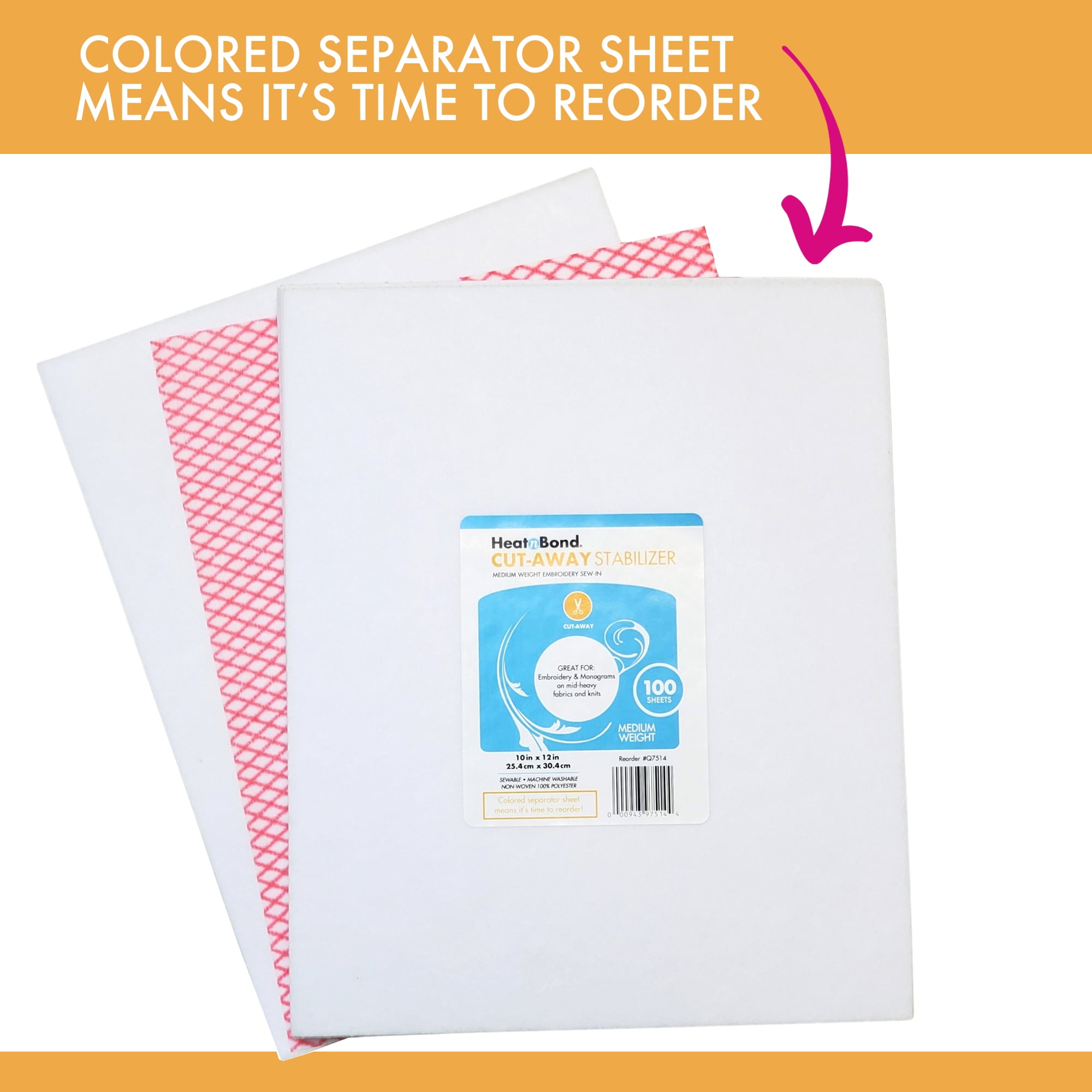 HeatnBond Cut Away Machine Embroidery Stabilizer - 10 in x 12 in Sheets, Medium Weight 2.5 Ounces - Pack of 100
