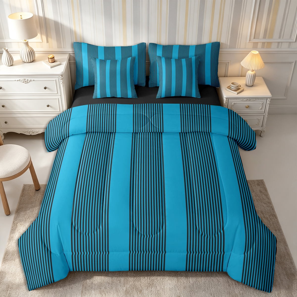 Castle Fairy Bohemian Thin Vertical Stripe Full Size Bedding Sets 7 Pieces Boho Wide Band Full Size Bed in a Bag Teal Black Reversible