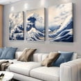 thumbnail image 3 of [2D Flat] 3pcs 2D Japanese Great Wave Inspired Ocean Canvas Wall Art Traditional Hokusai Style Triptych Painting for Coastal Living Room Bedroom Nautical Wall Decor Bold Blue Tidal Scene Creating Dy, 3 of 4