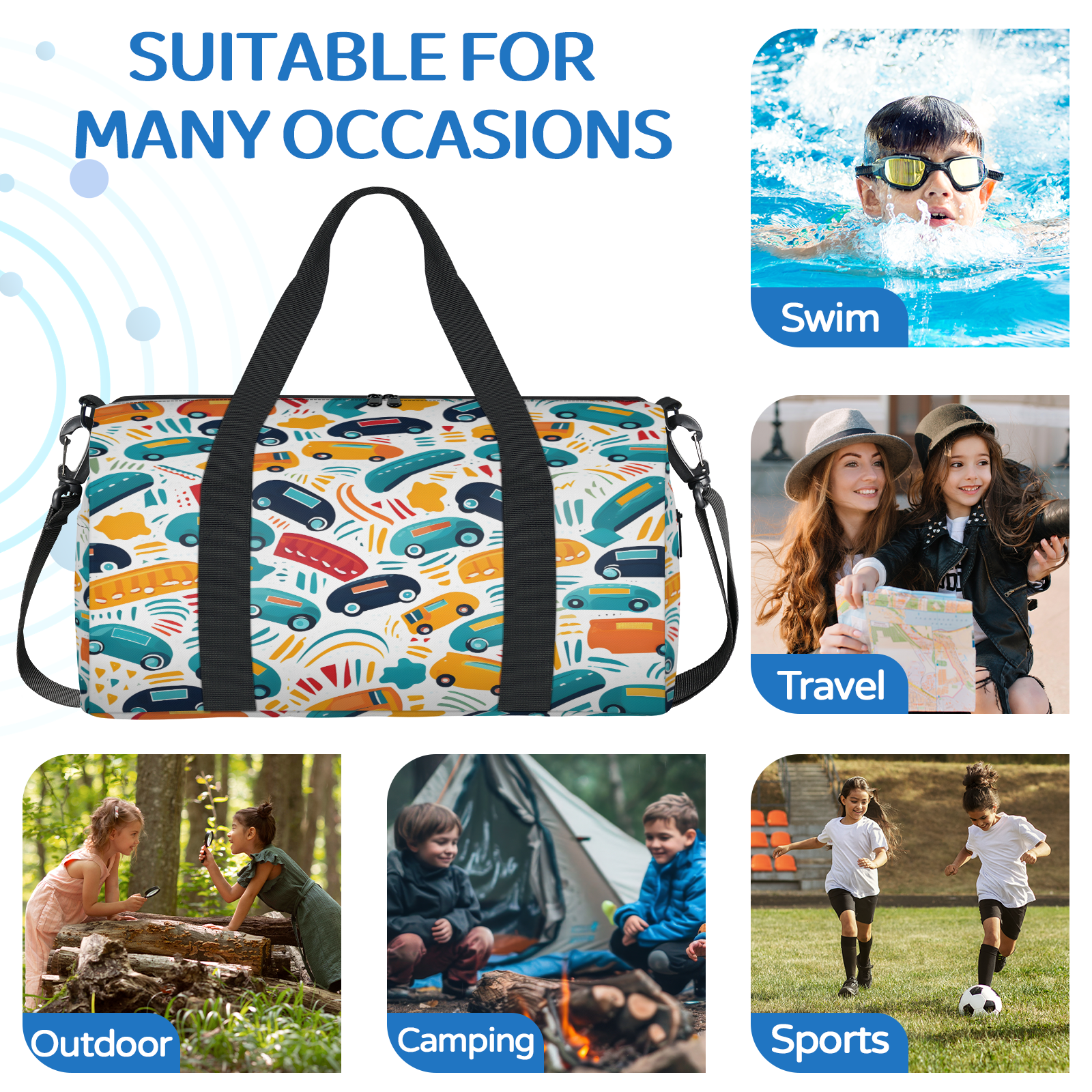Herdesigns Cute Car Gym Bag for Women, Duffle Bag for Travel Sport, Bus Taxi Lightweight Waterproof Carry on Weekender Dance Yoga Workout Bags
