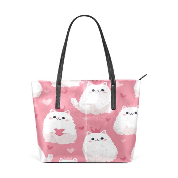 Tote Bag Aesthetic leather Handbags with Zipper for Women Travel Shoulder Bags Purses with compartment. Charming Cute White Cats