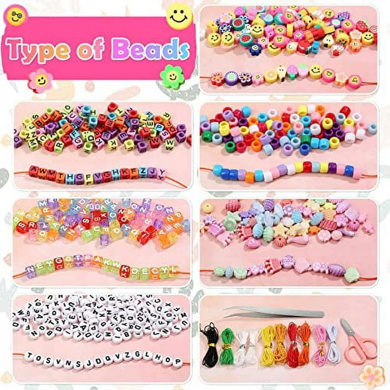 Bead Bracelet Making Kit, Cridoz Bead Kits for Bracelets Making with Pony Beads, Polymer Fruit Clay Beads, Smile Face Charm Beads, Letter Beads for