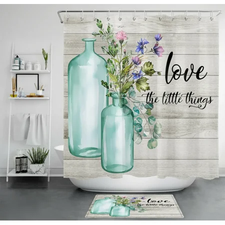 Farmhouse Wildflowers Green Leave Rustic Plank Shower Curtain Set Bathroom Decor