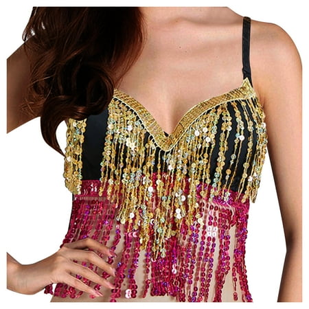 OJSFQUFP Bra Sexy Gold Women Belly Dance Crop Top Sequin Halter Top Bandage Tank Top Strappy Backless Tube Top Tank Sleeveless Vest Bra M