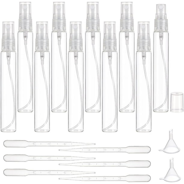 Paquete de 20 frascos de perfume de vidrio transparente de 15 ml (0,51 oz), recargables, portátiles, con pulverizador de niebla fina, embudo y gotero.