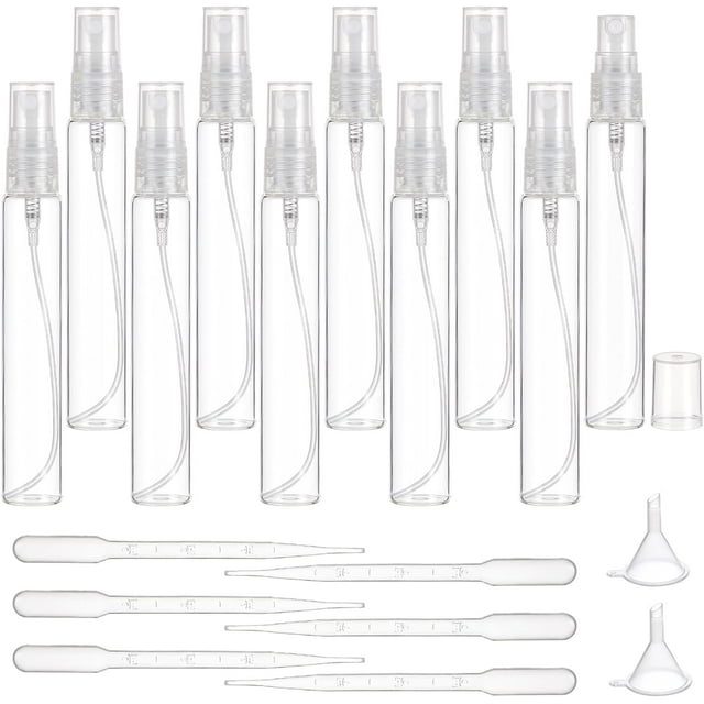 Paquete de 20 frascos de perfume de vidrio transparente de 15 ml (0,51 oz), recargables, portátiles, con pulverizador de niebla fina, embudo y gotero.