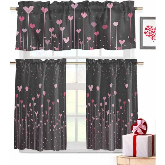 Valentines 3 Piece Kitchen Curtains Tiers and Valances Set Romantic Pink Heart Window Curtains Set Sweet Love Decor Rod Pocket Valance for Kitchen Bedroom Living Room Valentines Decor 54 x 24 in