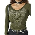 thumbnail image 4 of Blotona Women Slim-fit T-shirt Rhinestone Pattern Long Sleeve V-neck Pullover, 4 of 9