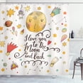 thumbnail image 1 of Quote Shower Curtain, Romantic Cartoon Style Celestial Elements with I Love You to the Moon and Back Slogan, Fabric Bathroom Set with Hooks, 69W X 84L Inches Extra Long, Multicolor, by Ambesonne, 1 of 3