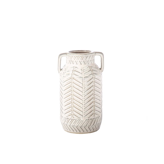 Ceramic Round Vase with Side Handles and Embossed Chevron Pattern Design Body SM Gloss Finish White