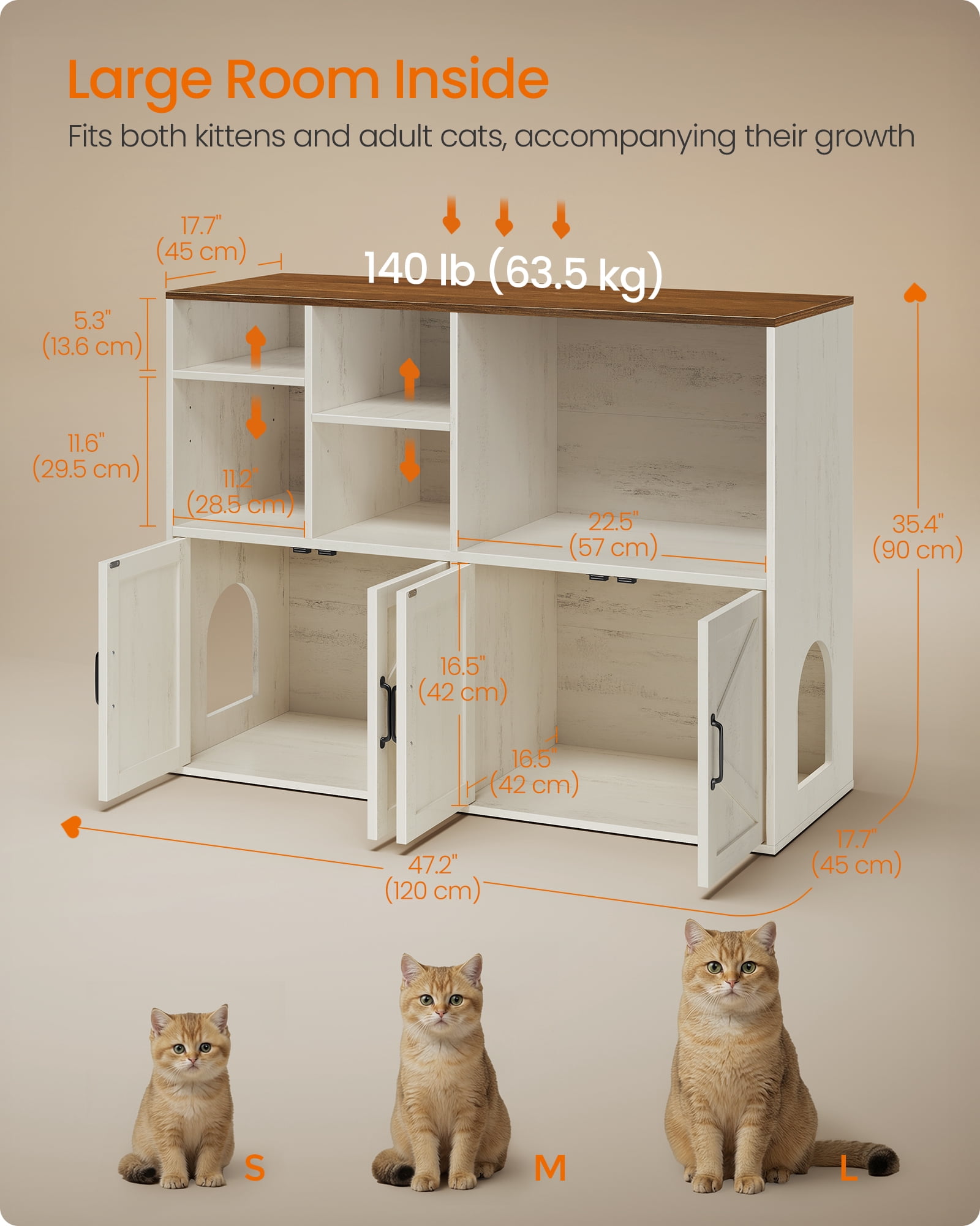 Feandrea Litter Box Enclosure for 2 Cats, Hidden Litter Box Furniture with Storage Cabinet, Double Room, Honey Brown and Rustic White