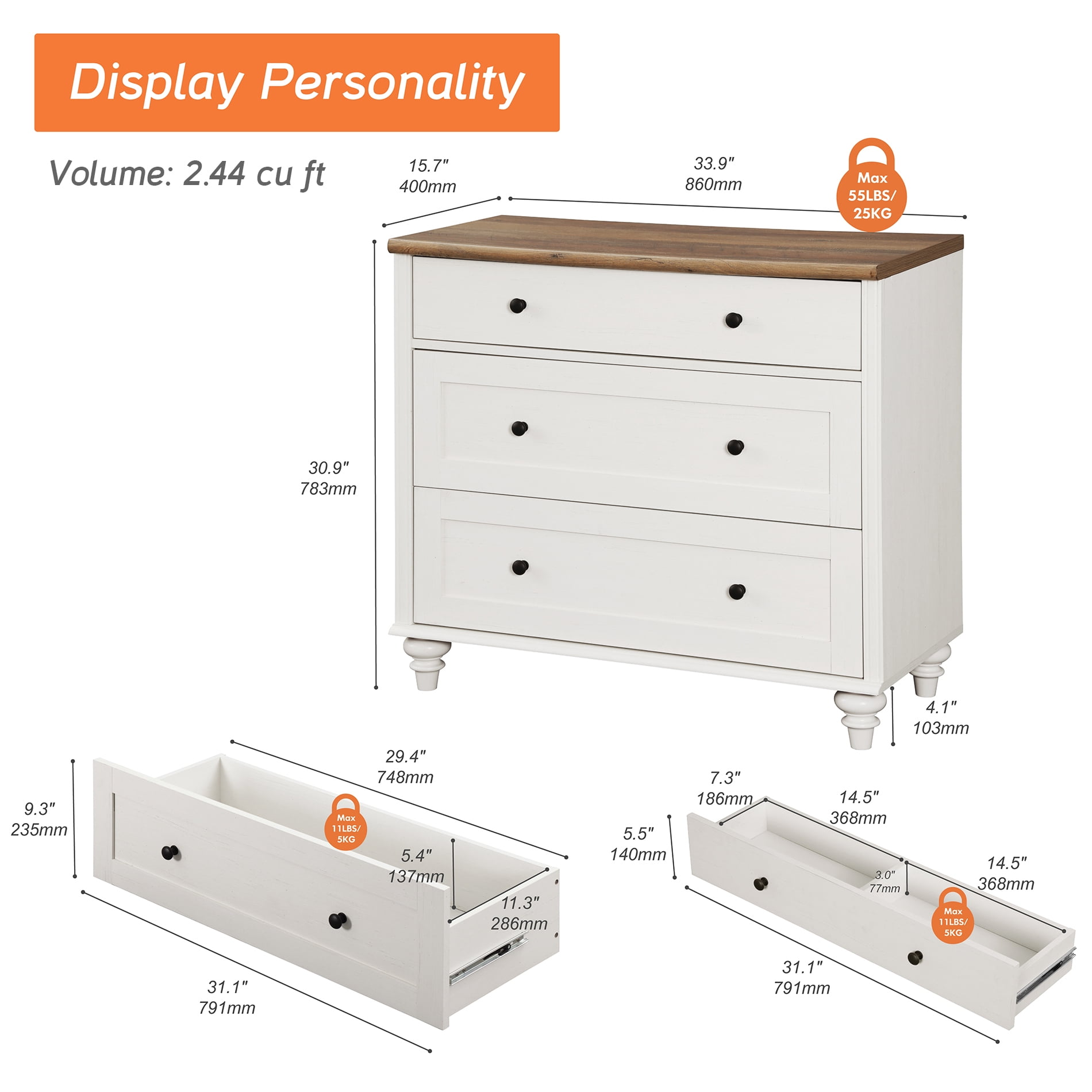 34" Dresser Cabinet with 3 Drawers, Mid-Century Modern Wooden Bedroom Closet Storage Organizer, Farmhouse Small Dressers Suitable for Living Room, Nursery, and Hallway, White