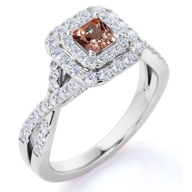 JeenMata Anillo de Compromiso Elegante de Oro Blanco de 18 K sobre Plata con Morganita Creada en Corte Cuadrado de 1 Quilate, Banda Retorcida, Pavé y Doble Halo