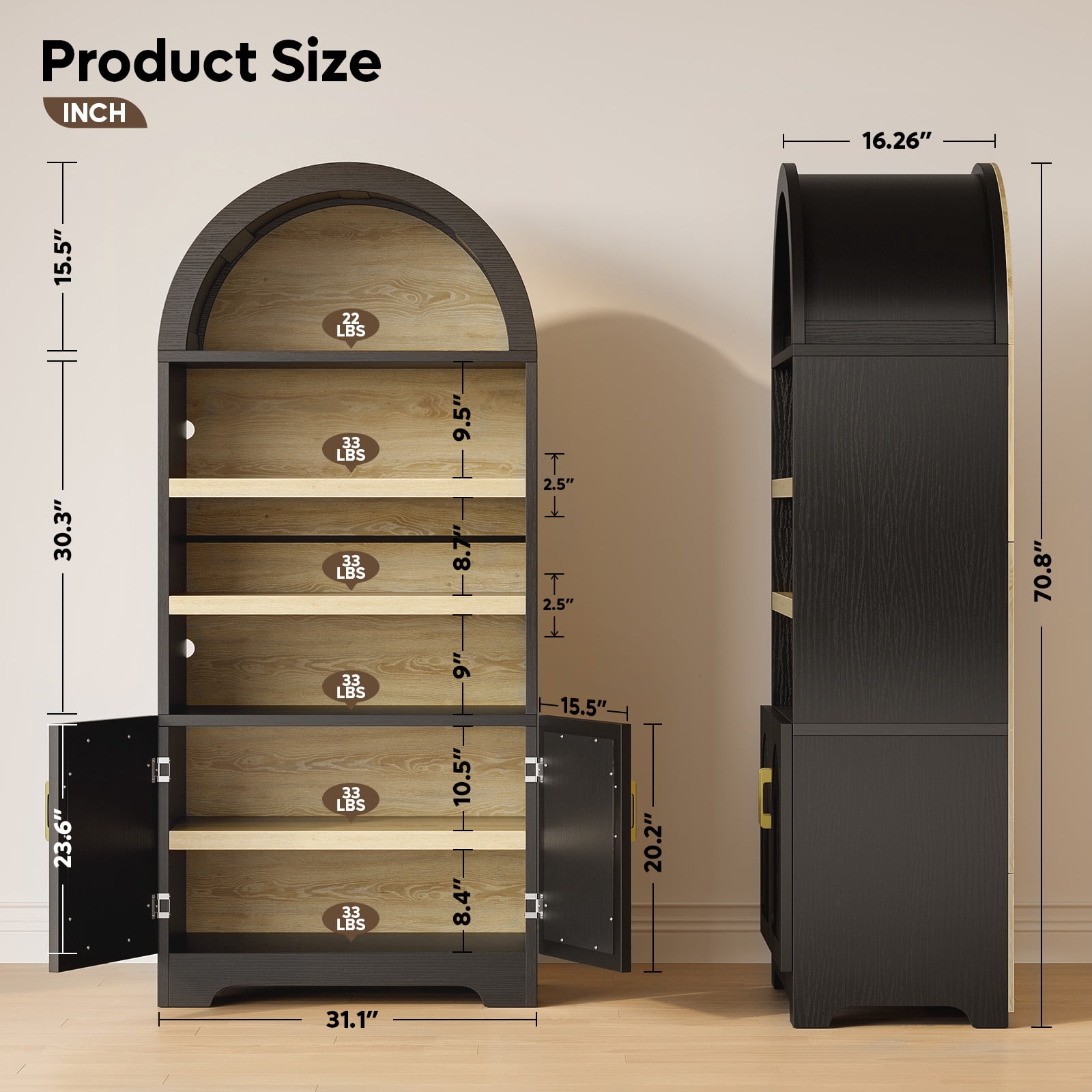 Bestier 71" Tall Kitchen Pantry Storage Cabinet, 4-Tier Arched Bookshelves with 3 Adjustable Shelves & 2 Doors, Display Shelf with Storage for Living Room Home Office, Black