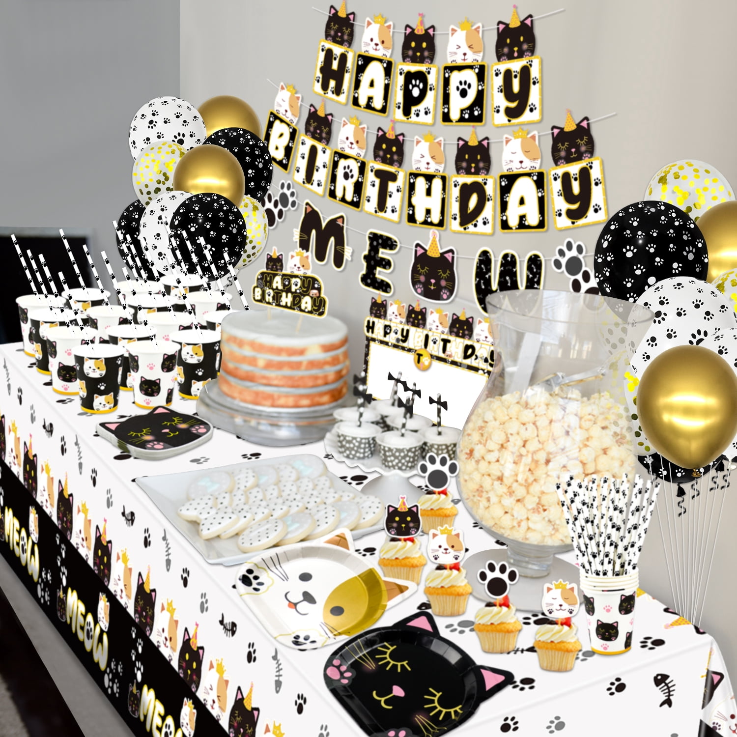 Hegbolke Cat Themed Birthday Party Decoration Kit with Napkins & Balloons, Black & White (222 Count)