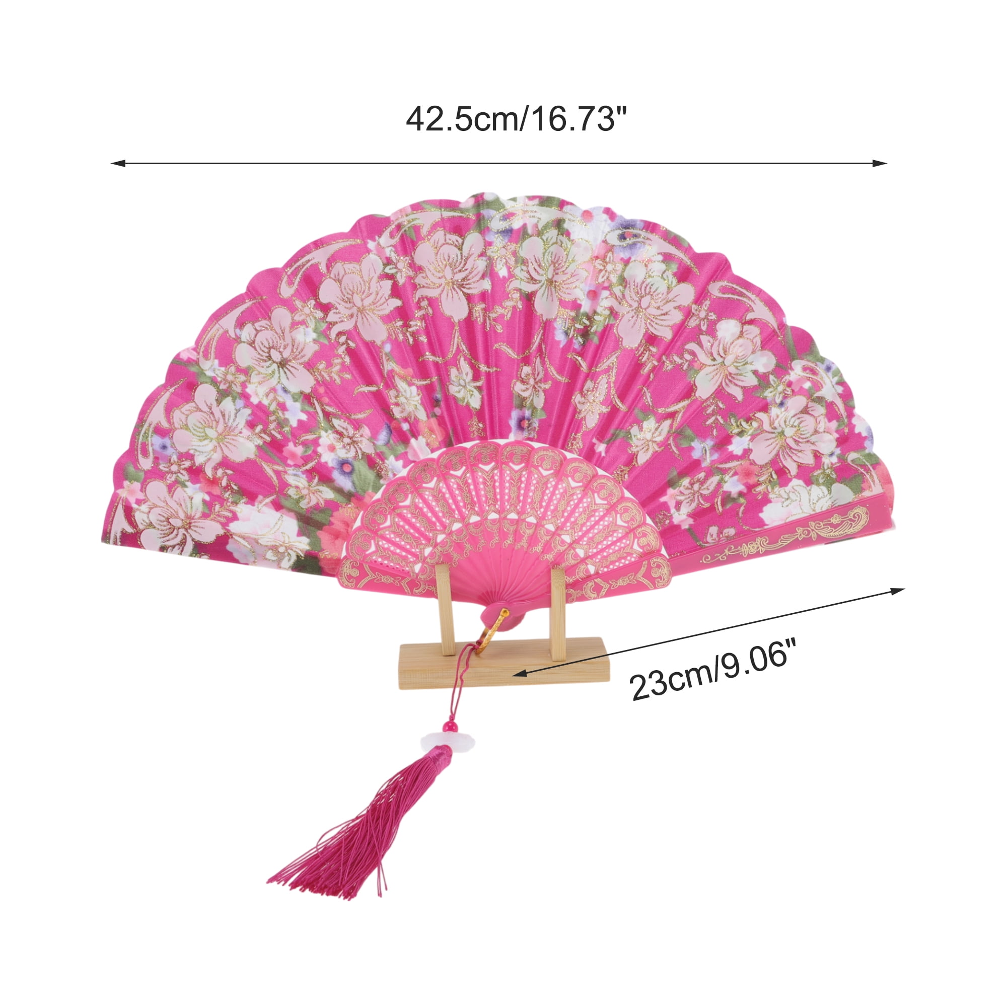 Unique Bargains Floral With Tassel Folding Fan 1Pc Rose Red