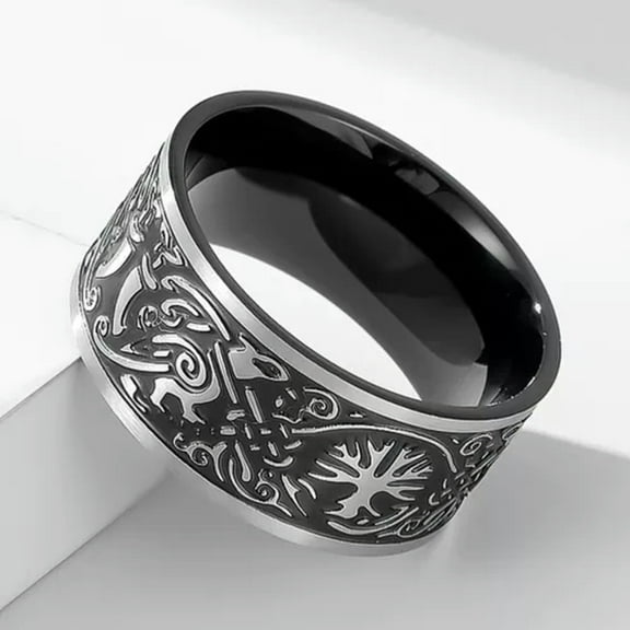 QQTDFG Rings for Men Women Silver Stainless Steel Band Biker Jewelry Black Odin's Raven-Black-12