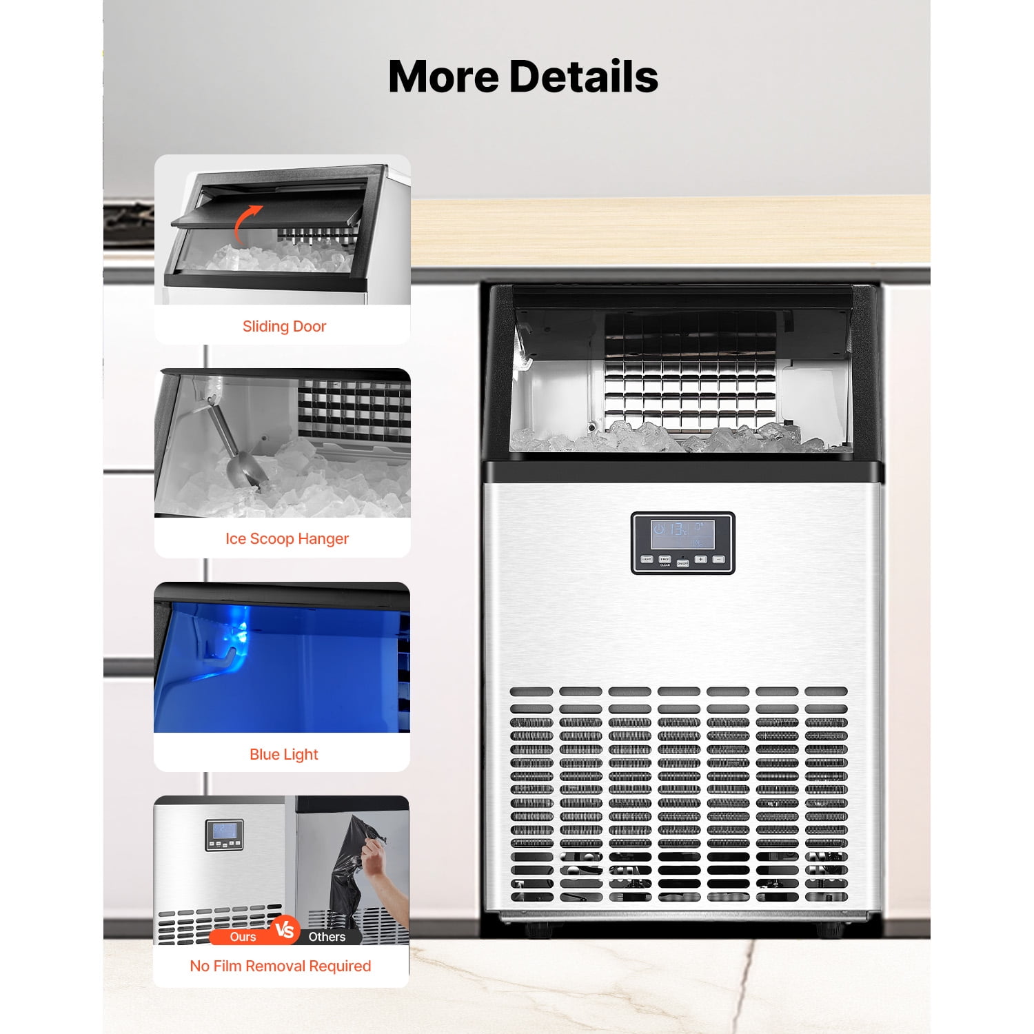 KFFKFF 140lbs/24H Commercial Ice Maker Machine Stainless Steel 45Cubes with 33lbs Storage Bins Under Counter ice Machine 18.31 in W, 35in H with Auto Clean