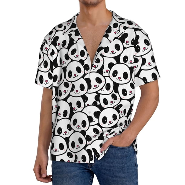 Fotbe Cute Panda Face Camisa Estampada de Manga Corta para Hombre, Casual de Verano, Estilo Playero, Sin Arrugas-Medium