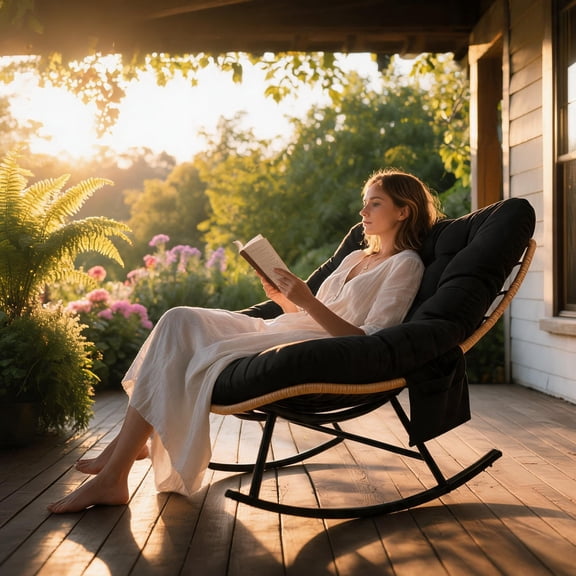 Wicker Rattan Rocking Chair with Arc Foot Base, Single Person Indoor Outdoor Patio Rocker with Loose Black Cushion, Iron Frame Rustic Country Style, Yellow Rattan with Black Cushion