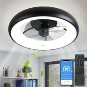 Surnie Ceiling Fans with Lights, 20" Flush Mount Ceiling Fan with Remote & APP Control, Black Low Profile Ceiling Fan with 6 Wind Speeds, Smart Dimmable LED Ceiling Fan for Bedroom, Living Room