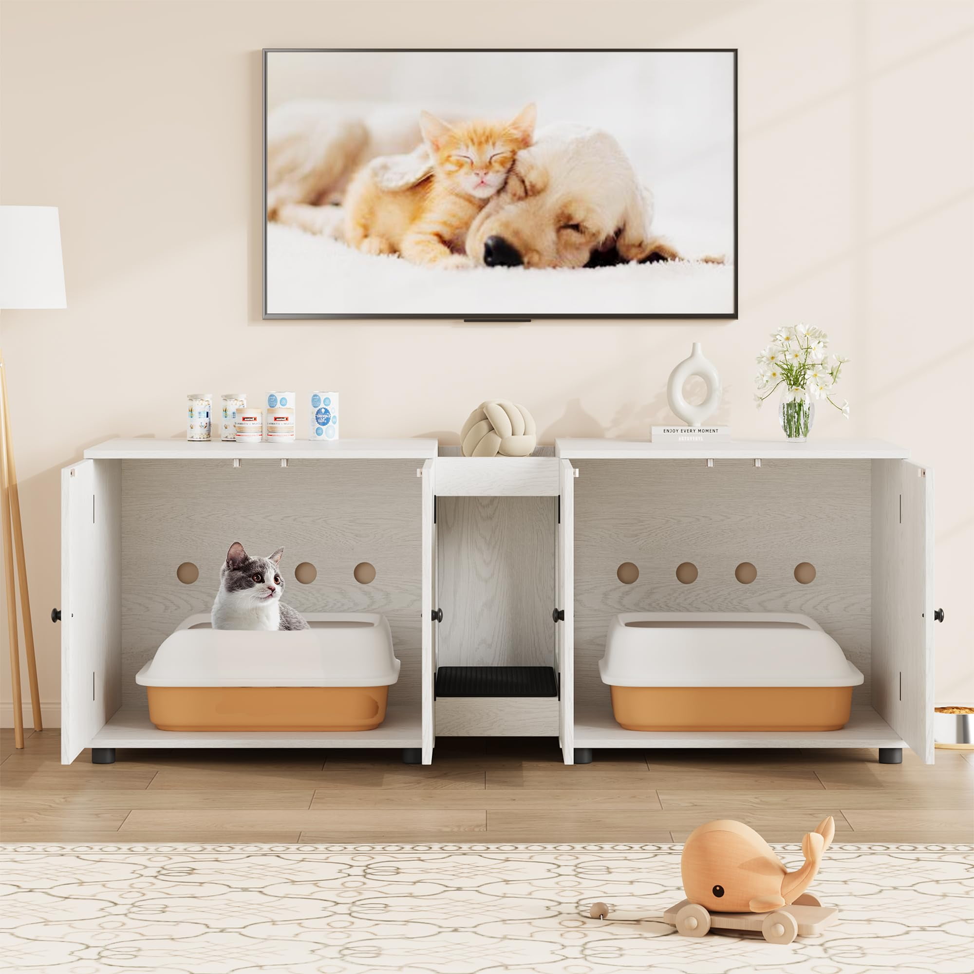 TROPOW Cat Litter Box Enclosure 55.1" Double Litter Box Furniture Large Cat Box Enclosure Kitty Litter Box for 2 Cats Hidden Cat Litter Cabinet Double Cage with Cat Litter pad Rattan Door,White