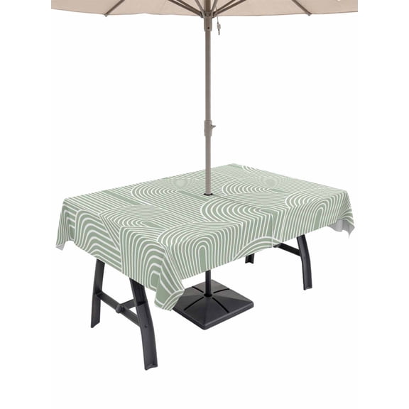 Outdoor Tablecloth with Umbrella Hole for Patio/Picnic/Party/Camping, Sage Green Ombre Waterproof Table Cloth Rectangle Table Cover Washable, Farmhouse Stripes Modern Abstract Art (60"x 84")