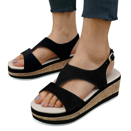 

uikmnh Women Shoes Ladies Fashion Solid Color Leather Wedge Buckle Platform Fish Mouth Sandals Black 9