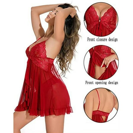 USSUMA Lingerie for Women  Sexy Women Lingerie Solid Lace Mesh Perspective Cami Dress Temptation Underwear Sleepwear Nightdress on Clearance Deals Red S