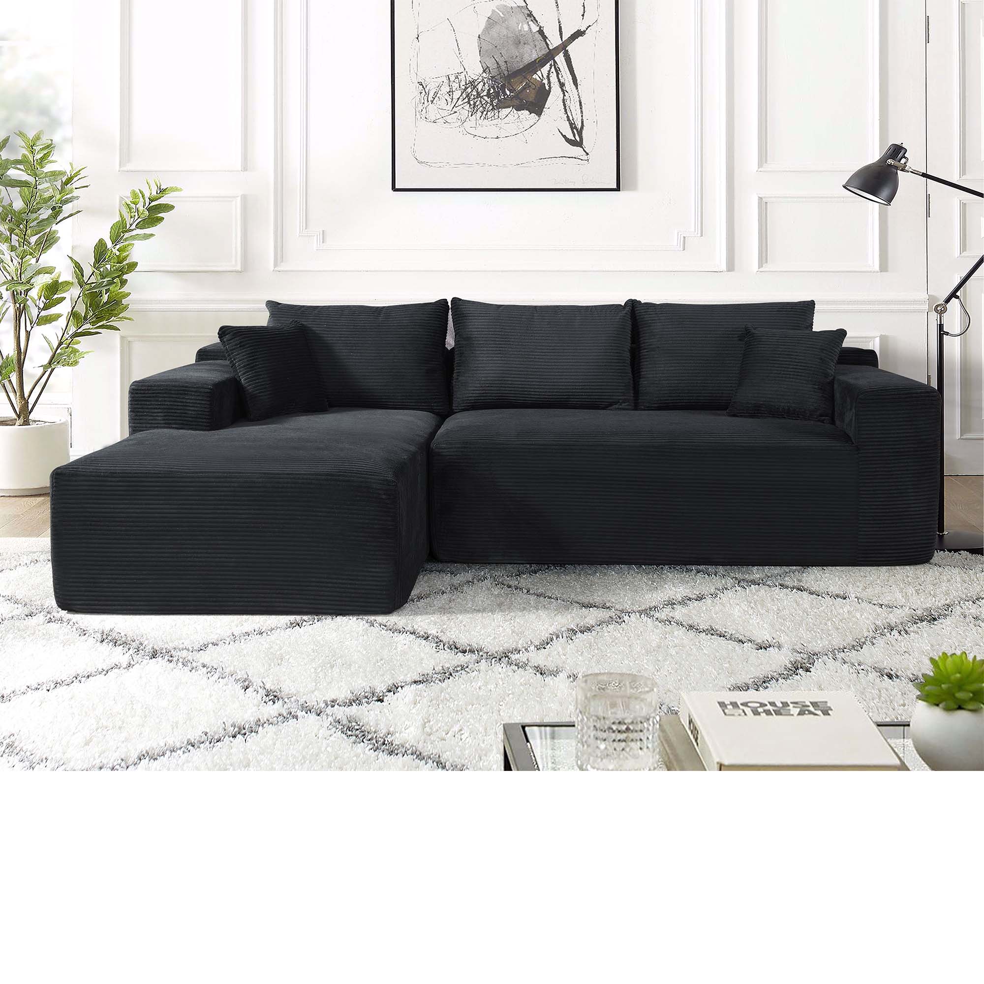 Miniyam 96" x 61" Convertible Corduroy L-Shaped Sofa with Chaise, 3-Seater Modular Sectional Compressed Couch with Pillows for Living Room, Black (Left Facing)