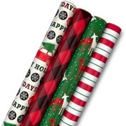 Image Arts Christmas Wrapping Paper, Rustic Holiday Gift Wrap (Pack of 4: 120 Sq. Ft. Total) Red Car with Trees, Red and Black Buffalo Plaid, Deer, Stripes