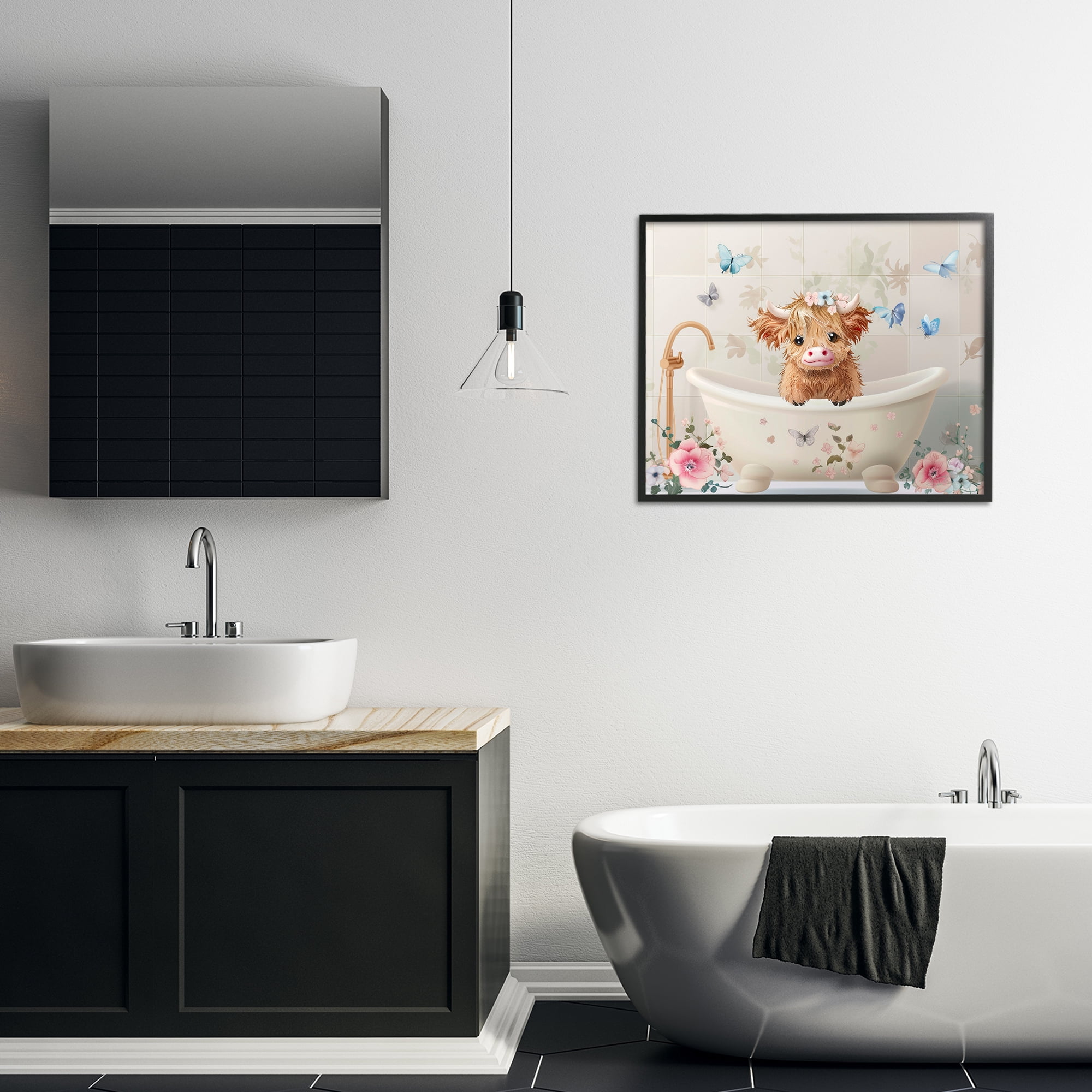 Baby Cattle in Floral Tub Black Framed Giclee Art, design by Shawna Stewart