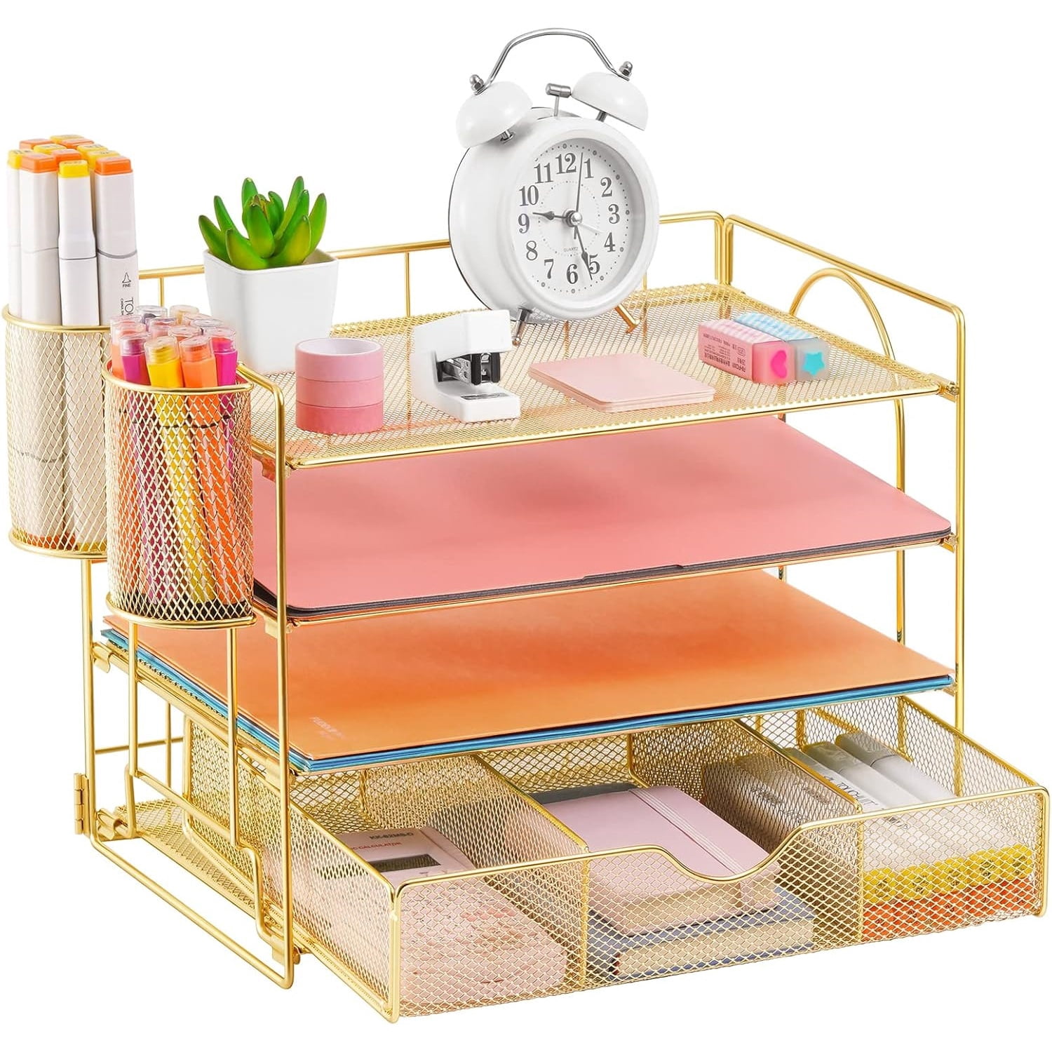 Paper Letter Tray Organizer with File Holder, 4-Tier Desk Accessories & Workspace Desk Organizers with Drawer and 2 Pen Holder for Office Supplies (Gold)