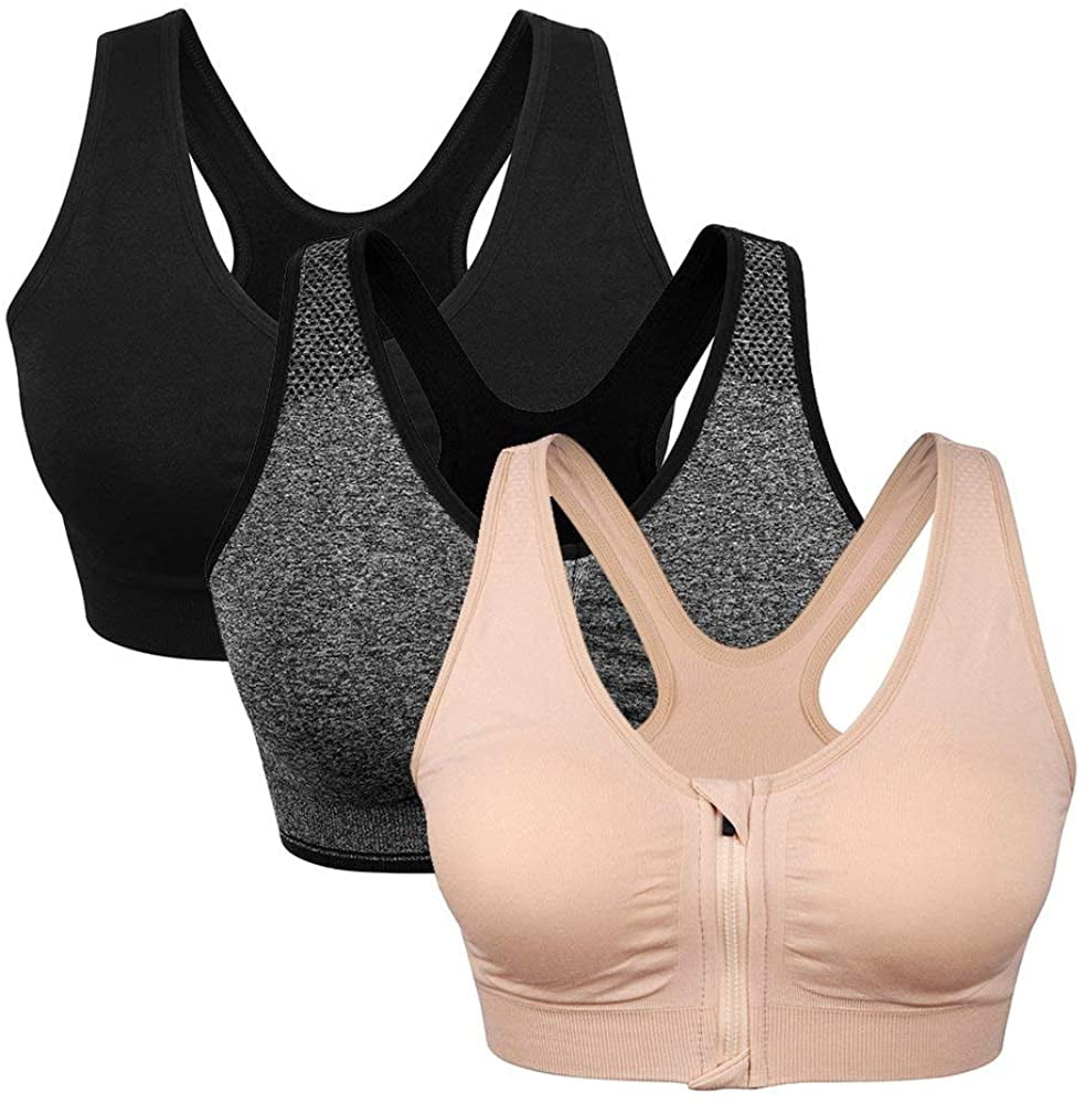 BANG BANG Womens Mid-Support Front Zipper Closure Sports Bras Wireless Yoga Padded Bra 1-3 Pack 