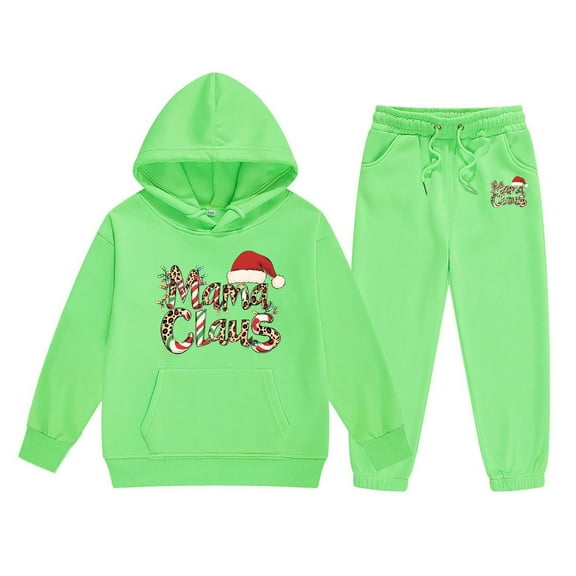 FYEGRE Christmas Letter Print Hooded Sweater and Pants Outfit Set for Girls Festive Holiday Long Sleeve Top and Bottom Combo Green 6-7 Years